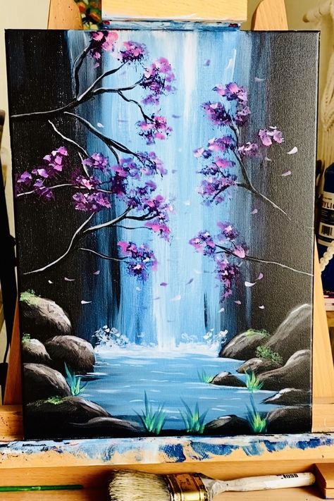 Magical Acrylic Painting Ideas, Waterfall Canvas Painting Easy, Canvas Painting Ideas Waterfall, Painting Ideas On Canvas Waterfall, Simple Waterfall Painting, Landscape Paintings Waterfall, Canvas Painting Waterfall, Waterfalls Acrylic Painting, Water Fall Painting Easy