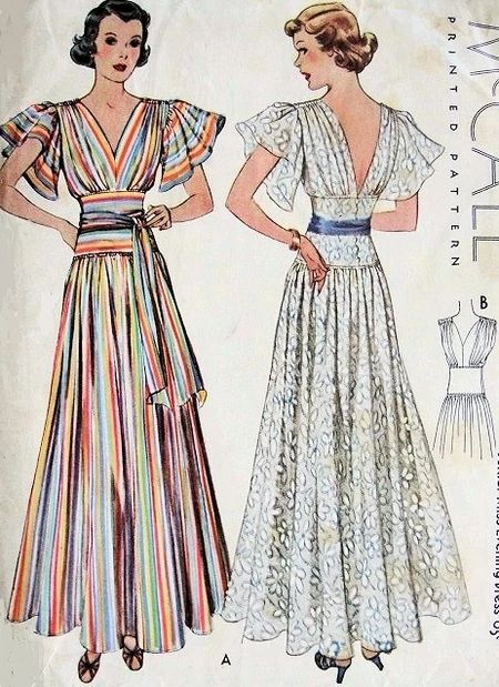 Vintage Dress Sewing Patterns, Patron Vintage, 1930's Fashion, 30s Fashion, Gown Pattern, Vintage Dress Patterns, Gown Bridal, Color Illustration, 1930s Fashion