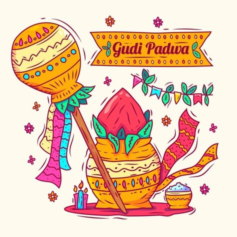 Hand drawn gudi padwa background Free Ve... | Free Vector #Freepik #freevector #hand #hand-drawn #celebration #india Gudi Padwa Background, Gudi Padwa Drawing, Soft Board, Gudi Padwa, Page Borders Design, Vedic Art, Happy New Year Wishes, Krishna Painting, New Year Wishes