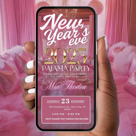 NYE 2025 Pajama Party Invitation, Pink Digital New Years Eve Evite, Editable Girls' Night, Ladies Game Night NYE Template, Instant Download - Etsy Ladies Game Night, Nye 2025, Games For Ladies Night, Invitation Pink, Party Inspo, Pink Invitations, Pajama Party, Eve Parties, Host A Party