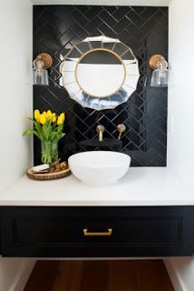 atelier drome: powder rooms that pack a punch Farmhouse Wall Colors, Black Powder Room, Affordable Bathroom Remodel, Black And White Bathroom, Black Vanity Bathroom, Bathroom Vanity Designs, Powder Room Design, Small Bathroom Vanities, Tile Wall Art