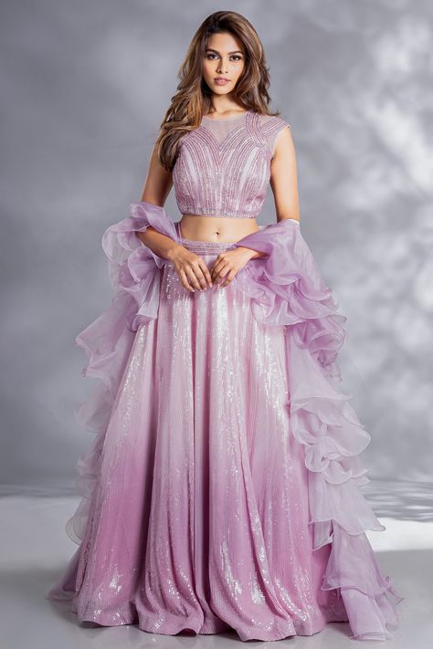 PINKISH PURPLE LEHENGA SET WITH A HANDWORK BLOUSE, PAANI SEQUIN OMBRÉ SKIRT AND OMBRÉ RUFFLED DUPATTA - Seasons India Ombre Sequin Lehenga, Ruffle Chunni Lehenga, Ruffle Dupatta Lehenga, Traditional Jumpsuit, Sequence Outfits, Indowestern Lehenga, Lavender Lehenga, Lengha Dress, Lehenga Ideas