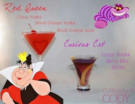 Red queen/Curious cat Disney Princess Cocktails, Disney Alcoholic Drinks, Blood Orange Vodka, Vodka Orange, Disney Inspired Cocktails, Disney Cocktails, Disney Drinks, Citrus Vodka, Orange Vodka