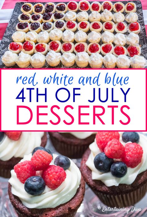 These red, white and blue 4th of July desserts are awesome! They're easy recipes to make, easy to serve to a crowd and taste delicious. Perfect for a 4th of July party or cookout! #entertainingdiva #4thofjuly #desserts #recipe Mini Cheesecake Tarts, Easy Pies, Red White And Blue Desserts, Patriotic Treats, July Desserts, Red Velvet Cake Recipe, Velvet Cake Recipes, Kinds Of Pie, Jello Shot