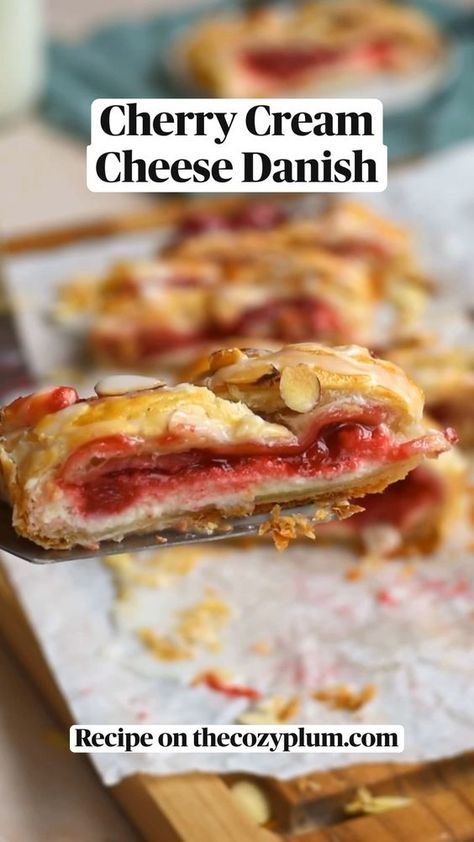 This Cream Cheese Cherry Danish with Puff Pastry is a surprisingly simple and impressive homemade treat! It has golden brown, flaky puff pastry dough filled with an almond-flavored sweet cream cheese mixture and cherry filling, and the sweet pastry gets topped with sliced almonds and almond glaze. This cherry cheese danish recipe is so easy to make thanks to two store-bought ingredients - puff pastry sheets and cherry pie filling. Easy Cherry Cheese Danish, Cherry Almond Pastry, Puff Pastry Fruit Danish, Sugar Plum Cream Cheese Danish, Puff Pastry With Cherry Pie Filling, Puff Pastry Cherry Cream Cheese Danish, Cream Cheese And Jam Puff Pastry, Puff Pastry Cream Cheese Fruit Tarts, Cream Cheese Danish With Puff Pastry