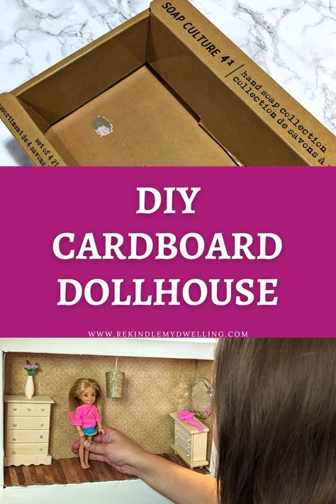 Collage of a box and a girl playing with an upcycled dollhouse. Diy Barbie House Cardboard Boxes, Diy Barbie House Cardboard, Dollhouse Cardboard, Cardboard Creations, Cardboard Dollhouse, Diy Barbie House, Doll Furniture Diy, Diy Barbie Furniture, Doll Diy Crafts