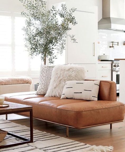 Portugal Villa, Cb2 Living Room, Tan Sofa, Leather Daybed, Relaxing Living Room, Leather Sofa Living Room, Loft Ideas, Leather Chaise, Surf Shack