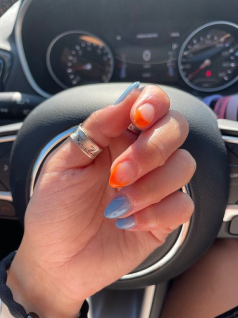 nails, orange and blue nails. nail art nail art orange blue french tip orange orange french tips nail inspo Orange And Light Blue Nails, Light Blue And Orange Nails, Blue And Orange Fall Nails, Orange And Blue Nails Design, Teal And Orange Nails, Blue And Orange Nails Designs, Blue Orange Nails, Nail Inspo Orange, Orange And Blue Nails