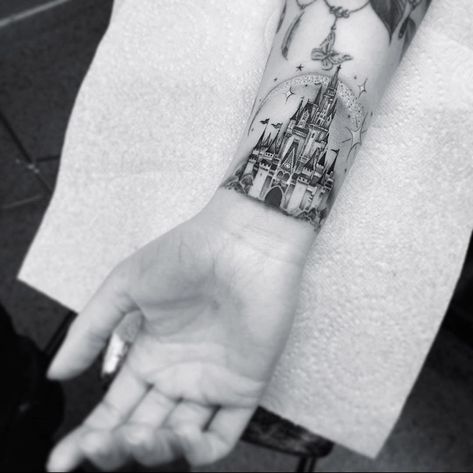 Disney Castle Sketch Tattoo, Princess Castle Tattoo, Cinderella Castle Tattoo, Disney Tattoo Sleeve, Walt Disney Tattoo, Disney Castle Tattoo, Hertfordshire England, Disney Sleeve Tattoos, Disney Cinderella Castle