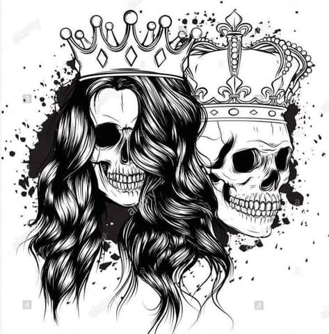 King And Queen Skull Tattoo, Queen Skull Tattoo, Skull With A Crown, Skull Couple Tattoo, Queen Skull, Skull With Crown, King And Queen Crowns, Crown Tattoo Design, Skull Sleeve