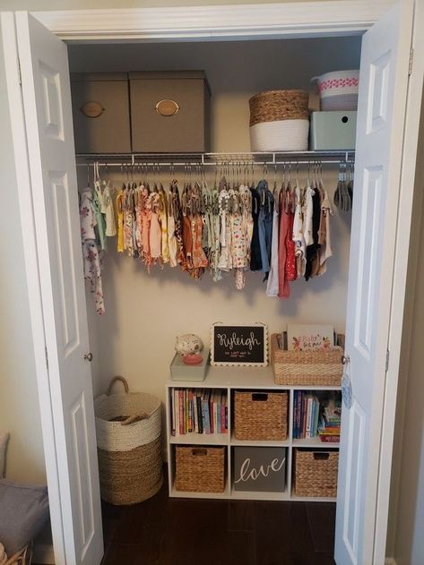 (paid link) What is the best way to store baby clothes? 2 Door Closet Organization, Nursery Closet Toy Storage, Nursery Closet Organization Sliding Door, Nursery Small Closet Organization, Small Closet Nursery, Small Baby Closet Organization, Baby Nursery Closet Organization, Closet Nursery Organization, Small Nursery Closet Organization