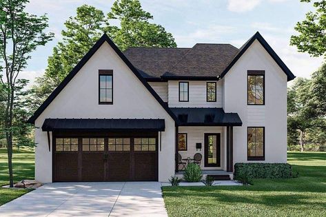 America's Best House Plans on Instagram: “A new Modern Farmhouse design, Plan 963-00496 delivers 2,056 sq. ft., 3 bedrooms, 2.5 bathrooms, a formal living room, an office, and a…” Small American Family House, 2 Story 3 Bedroom House Plans, 2 Story Modern Farmhouse, Porch Shelter, Covered Front Porch, Coral House, Farmhouse Styling, Advanced House Plans, Spec House