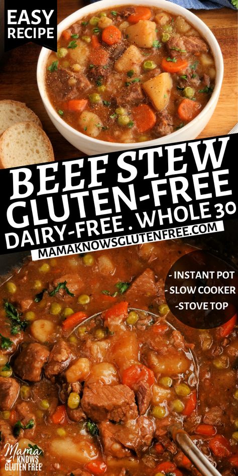 Gluten-free beef stew in a white bowl with bread and a pot of beef stew with a ladle. Savory Beef Stew, Gluten Free Beef Stew, Gluten Free Dairy Free Recipes Dinner, Beef Chunks, Gluten Free Dairy Free Dinner, Gluten Free Crock Pot Recipes, Gluten Free Instant Pot, Dairy Free Recipes Dinner, Easy Beef Stew