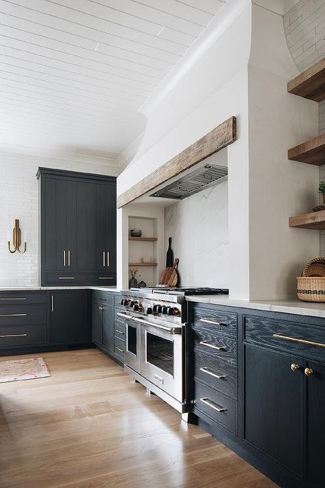 Cooking Alcove with Wolf Dual Range - Transitional - Kitchen Cooking Alcove, Blue Backsplash Kitchen, Kate Marker Interiors, Rustic Kitchen Island, White Backsplash, Kitchen Hoods, Home Luxury, Transitional Kitchen, Black Cabinets