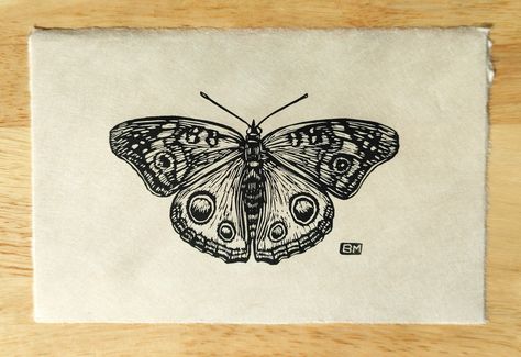 "This was designed and printed by the artist from a hand-carved block with oil based ink. Dimensions - 6\"x4\" Paper - printed on Japanese Kitakata or Mulberry paper. Please keep in mind that due to the handmade nature of this print, some variations in ink may occur." Buckeye Butterfly Tattoo, Butterfly Knee Tattoo, Above Knee Tattoos Women, Butterfly Block, Buckeye Butterfly, Woodcut Tattoo, Buddha Tattoo Design, Hand And Finger Tattoos, Buddha Tattoo