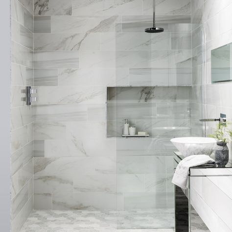 These convincing luxe faux marble tiles can give your bathroom or kitchen a champagne look on a lemonade budget Faux Marble Bathroom, Bathroom Apartment Ideas, Faux Marble Tile, Grey Terrazzo Floor, White Marble Backsplash, Marble Bathroom Floor, Bath Surround, Marble Flooring Design, White Marble Bathrooms