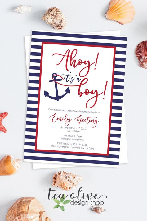 Ahoy! It’s a Boy! Nautical Baby Shower Invitation #etsy #babyshower #babyboyshower #nautical Nautical Baby Shower Boy, Cricut Baby Shower, Nautical Baby Shower Invitations, Nautical Invitations, Baby Tea, Ahoy Its A Boy, Unusual Baby Names, Girls Names, Baby Shower Decorations For Boys