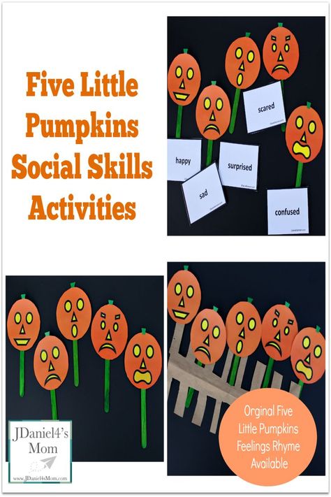 Five Little Pumpkins Social Skills Activities- A set of pumpkins and emotion cards are free to download. An original rhyme about five little pumpkins and feeling is shared in this post. This picture share feeling pumpkins as puppets on a fence. Preschool Social Skills, Pumpkin Lessons, Emotion Cards, Five Little Pumpkins, Activities Elementary, Feelings Activities, Emotions Cards, Halloween Social, Emotions Activities