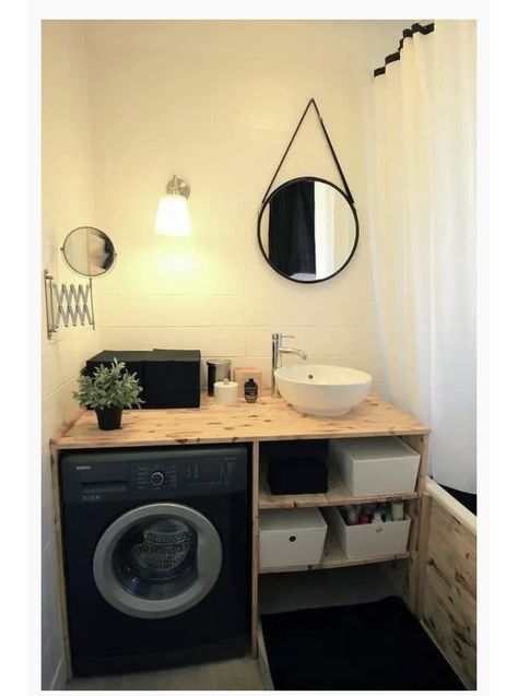 Wooden Bathroom Furniture, Wooden Bathroom Cabinets, Tiny Laundry Rooms, Tile Remodel, Tub Tile, Small Remodel, White Dining Room, Wooden Bathroom, Small Laundry Room