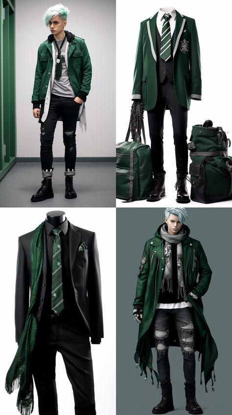 Slytherin Outfit Ideas Men, Slytherin Suit, Slytherin Outfit Men, Male Fantasy Clothing Casual, Harry Potter Slytherin Outfits, Slytherin Aesthetic Fashion, Slytherin Outfit Ideas, Slytherin Inspired Outfits, Slytherin Style