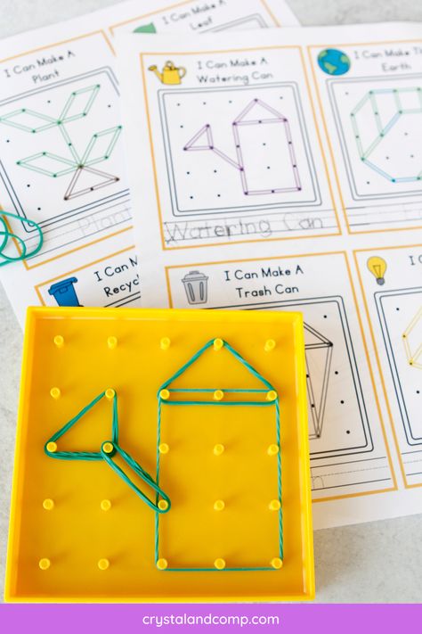 These Earth Day Geoboard Printables are perfect for your preschooler or young learner. Just grab your peg boards, rubber bands and follow the templates. #earthday #pegboard #geoboard #printable #educational #preschool Geoboard Activities, Recycle Preschool, April Lesson Plans, Pattern Blocks Activities, Earth Day Pictures, Geo Board, Spring Theme Preschool, Peg Boards, Fine Motor Development