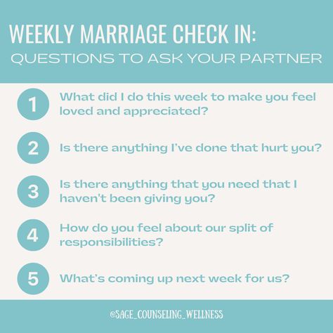 Weekly marriage check-in! Asking yourself these questions can help strengthen your marriage😊🌸 Send to someone who would appreciate this post. 

#marriagegoals#marriagequotes#healthyrelationships#relationshiphelp#marriagequotes#marriagelife#loveadvice#relationships101#couplescounseling#premaritalcounseling Check In Questions, Premarital Counseling Questions, Communicate Your Needs, Marriage Meeting, Couples Therapy Worksheets, Strengthen Your Marriage, Partner Questions, Therapy Questions, Love Is A Verb