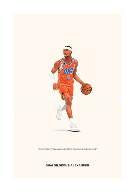 Shai Gilgeous-Alexander poster featuring a minimalist design style. The high-quality print showcases a beautiful digital drawing of Shai Gilgeous-Alexander alongside a meaningful quote. Perfect for any basketball lover looking to add some flair to their living space. Shai Gilgeous Alexander Basketball, Shai Gilgeous Alexander Wallpaper, Basketball Poster Ideas, Bf Presents, Basketball Theme Room, Sports Artwork, Nba Basket, Shai Gilgeous Alexander, Basketball Wall Art