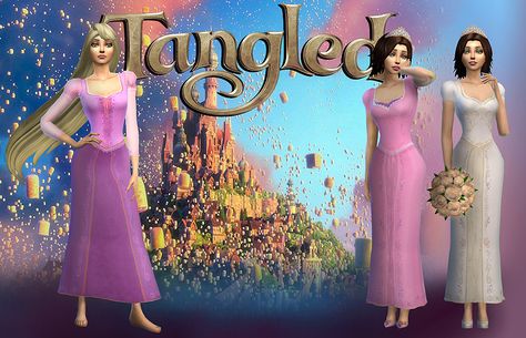 I’ve been working on three new dresses for Rapunzel: a casual, a formal and a wedding dress as seen in the movie Tangled. They are all packed in one file. I noticed from my poll that a lot of you wan… Aurora Wedding Dress, Rapunzel Wedding Dress, Tangled Dress, Disney Princess Challenge, Rapunzel Wedding, Rapunzel Dress, Sims Packs, Dress With Gloves, Sims 4 Game Mods