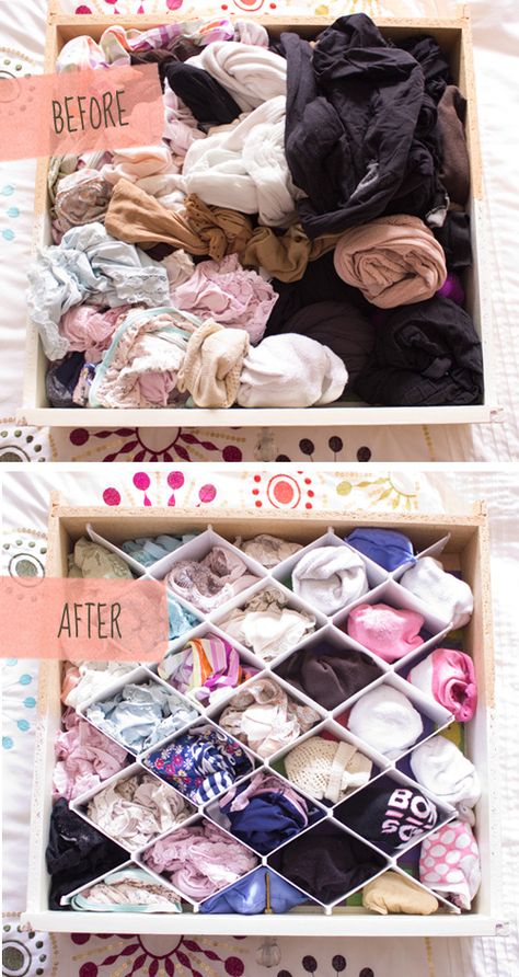 Nifty inserts totally transform this previously cluttered undergarment drawer into a streamlined system. Ideas Para Organizar Ropa, Simple Organization, Dorm Hacks, Organization Hacks Bedroom, Koti Diy, Room Hacks, Diy Projektit, Room Closet, Diy Tags