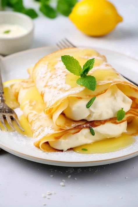 Lemon Ricotta Crepes - BeCentsational Lemon Poppyseed Crepes, Lemon Ricotta Crepe Filling, Gluten Free Lemon Ricotta Pancakes, Lemon Ricotta Crepes, Fall Crepes, Ricotta Crepes, Blueberry Crepes, Lemon Crepes, Crepe Ingredients