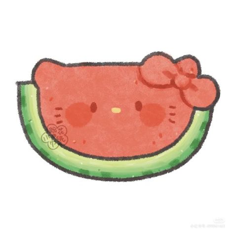 Watermelon Stickers Aesthetic, Aesthetic Watermelon Drawing, Watermelons Drawing, How To Draw A Watermelon, Sanrio Food Drawing, Easy Watermelon Drawing, Watermelon Art Illustrations, Sandia Aesthetic, Watermelon Slice Drawing