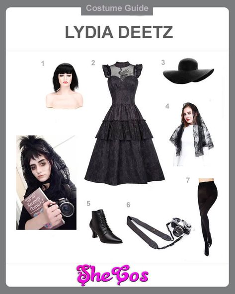 Lydia Deetz black dress cosplay guide Lidia Deetz Costume, Lydia Deetz Costume Black, Diy Lydia Deetz Costume, Lydia Beetlejuice Costume, Beetlejuice Outfits, Lydia Deetz Costume, Lydia Deetz Cosplay, Beetlejuice Wedding, Beetlejuice Lydia Deetz