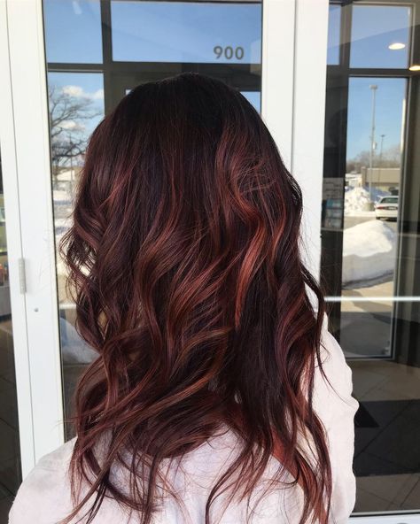 Dark Root With Red Balayage, Dark Root With Red Hair, Dark Brown And Auburn Balayage, Dark Red Hair With Dark Roots, Dark Brown Hair With Natural Red Highlights, Red Violet Balayage Brunette, Brunette With Red Tint, Dimensional Dark Red Hair, Dark Roots With Red Balayage