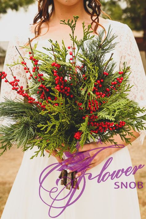 Perfect bridal bouquet for your rustic, greenery, winter wedding. Bridal bouquet made with cedar and pine greenery and ilex berry. Simple and stunning and oh so fragrant! Xmas Bouquets, Greenery Winter Wedding, Evergreen Bouquet, Greenery Bridal Bouquet, Winter Bouquets, Christmas Wedding Bouquets, Winter Wedding Red, Winter Bridal Bouquets, Berry Bouquet