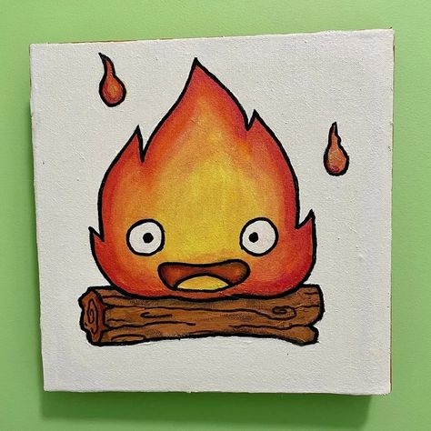 Calcifer Drawing Easy, Howls Moving Castle Drawing Easy, Easy Ghibli Painting, Howls Moving Castle Painting Easy, Ghibli Studio Painting, Calcifer Painting, Calcifer Aesthetic, Studio Ghibli Paintings, Ghibli Painting Ideas