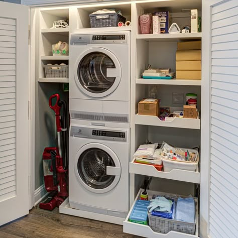 Laundry Tower Room Ideas, Laundry Room Linen Closet Combo, Closet Laundry Room Ideas Hallways, Laundry In Closet, Laundry Closet Design, Stacked Laundry Closet, Laundry Closets, Laundry Unit, Laundry Closet Organization