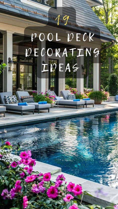 Revamp your pool deck with fresh decorating ideas! Click to explore stunning designs that elevate your outdoor space. 🏊🌞 #PoolDeckIdeas #OutdoorDecor #BackyardTransformation #PoolsideStyle #HomeDesign Pool Styling Outdoor Living, Backyard Pool Decorating Ideas, Raised Pool Deck Ideas, Swimming Pool Paving Ideas, Pool Side Seating Ideas, Pool Deck And Patio Ideas, Decorating Pool Deck, Decorating Around A Pool, Pool Deck Design Ideas