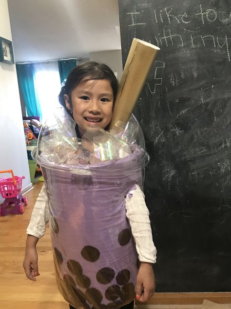 Diy Boba Costume, Boba Costume Diy, Bubble Tea Costume Diy, Boba Tea Costume, Boba Costume, Starbucks Costume Kids, Tea Costume, Halloween Boba, Taro Boba Tea