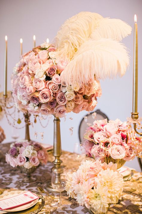 Marie Antoinette | Reception | Poppy Shoppe Productions | Wedding Planner | Los Angeles Weddings | Holding Company Roses And Feathers Centerpiece, Feather Tablescape, Flamingo Casino, Rococo Garden, Rococo Wedding, Marie Antoinette Wedding, Marie Antoinette Party, Baroque Wedding, Feather Centerpieces