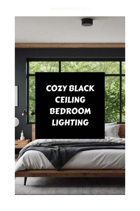 Cozy bedroom with a black ceiling light and large window overlooking greenery. Black Ceiling Bedroom, Dark Ceiling Light Walls, Black Ceilings, Cozy Colors Palette, Light Walls, Dark Ceiling, Bedroom Interiors, Black Shades, Black Ceiling