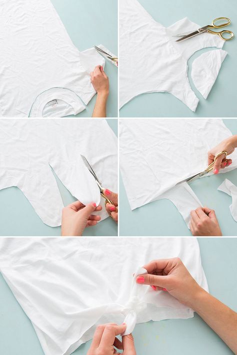 You can upcycle a white shirt in just a few simple steps. Diy Cut Shirts Step By Step, Cut Up Tees, Cut Tshirt Diy, Cut Up T Shirt, T Shirt Refashion, Cut Up Shirts, Shirt Makeover, Diy Cut Shirts, Cut Tee Shirts