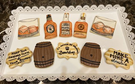 Bourbon Themed Cookies Bourbon Tasting Decor, Captain Morgan Party Theme, Bourbon Themed Cookies, Bourbon Themed Wedding, 40th Birthday Bourbon Theme, Bourbon Cake Design, Liquor Cookies, Bourbon Themed Birthday Party, Whiskey Cookies