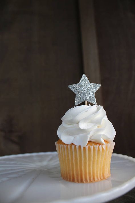 Black White And Silver Cupcakes, Birthday Cupcake With Sparkler, Moon Star Cupcakes, Disco Ball Cupcake Topper, Star Cupcake Toppers, Space Party Decorations, Star Cupcakes, White Cupcakes, Baby Care Tips