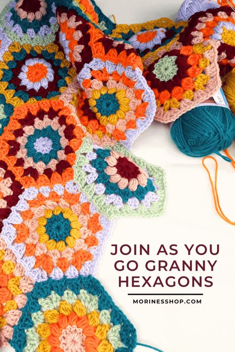 This simple crochet tutorial teaches you how to join as you go granny hexagons with detailed instructions and clear step-by-step pictures. How To Make A Hexagon Granny Square, How To Crochet Hexagons Together, Crochet Joining Hexagons, Join As You Go Hexagon Crochet, How To Seamlessly Join Granny Squares, Granny Square Hexagon, Knitting Group, Corner To Corner Crochet, Tunisian Crochet Stitches