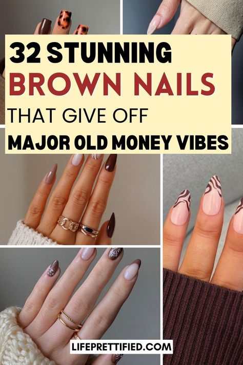 32 Brown nail designs for fall! brown nail art, brown nail inspo, brown nail ideas, brown nail polish, brown nails short, brown french tip nails, brown nails design, and brown nails aesthetic. Brown Nail Gel Designs, Nails For A Brown Dress, Short Brown French Tip, Early Fall Nails Designs, Short Brown French Tip Nails, Brown And Black Nails, Brown Nails Aesthetic, Cute Brown Nails, Brown Fall Nails Designs