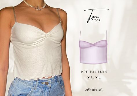 The Tyra Top is a trendy and versatile top, featuring a scrunched neckline. This pattern can be made with a variety of fabrics and trims, allowing you to be creative with the result. It's a simple pattern suitable for beginners and experienced sewists which takes around 20-30 minutes to make. Sizes XS-XL; model height 165 cm wearing XS; YOU WILL RECEIVE - The pattern in three different sizes (A0, A4, US Letter) ready to print. - A booklet including the pattern layout, size chart, fabric requirements, and detailed instructions with illustrations on how to make this top. PLEASE NOTE ** This is a digital PDF pattern. No physical pattern will be delivered to you** ** Ensure you print your pattern at actual size (100% scale), to verify it, please print the first page of your PDF file and measur Going Out Top Sewing Pattern, Tube Top Sewing Pattern, Y2k Sewing Pattern, Sewing Womens Tops, Easy Sewing Patterns Free, Shirt Patterns, Pattern Layout, Crop Top Pattern, Shirt Sewing Pattern