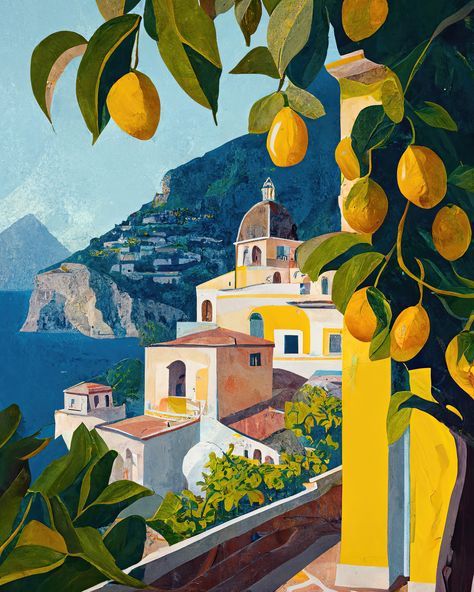 Personaje Fantasy, Positano Italy, Soyut Sanat Tabloları, Italy Art, Lemon Tree, Art Inspiration Painting, Mediterranean Sea, Painting Art Projects, Diy Art Painting