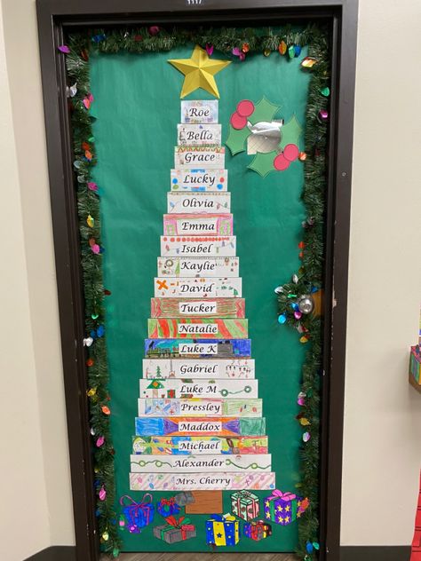 Decorate School Doors For Christmas, Diy Large Nativity Scene, Christmas Classroom Door With Window, Rocking Around The Christmas Tree Door, Gift Door Decoration Christmas, Christmas Themed School Doors, Middle School Christmas Door Decorations, Christmas Tree For Classroom Door, Christmas Teacher Board Ideas