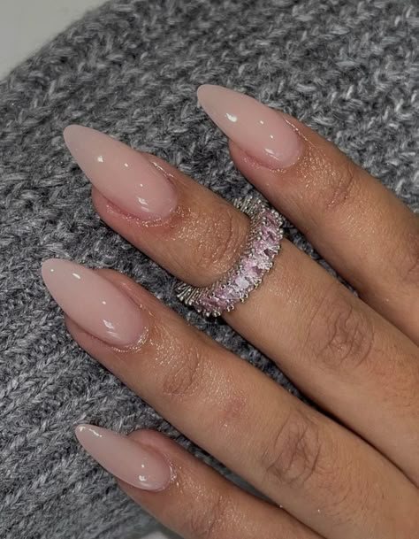 Sleek Acrylic Nails, Pointy Round Acrylic Nails, Milky Glossy Nails, Polygel Nail Inspo Almond, Almond Gel Nails Solid Color, Kylie Jenner Almond Nails, Clear Tan Nails, Long Almond Bubble Bath Nails, Dainty Almond Acrylic Nails