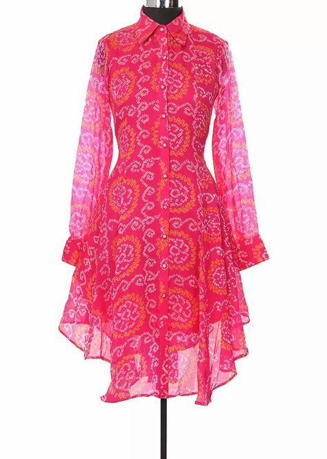 Bandhani kurti Bandhani Dress Design, Bandhani Dress Pattern, Shiva Tandav, Pink Kurti, Outing Outfit, Bandhani Dress, Designer Kurti Patterns, Cloth Design, Long Kurti Designs